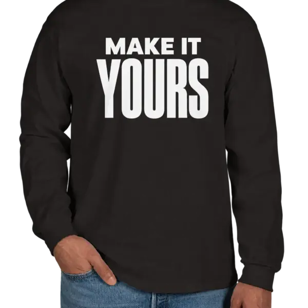 Custom Gildan Ultra Cotton Long Sleeve T-shirt - Black custom print example; your uploaded design replaces the example artwork