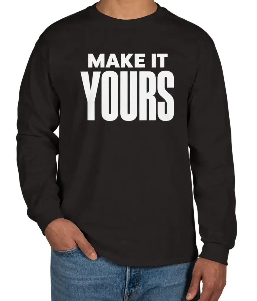 Custom Gildan Ultra Cotton Long Sleeve T-shirt - Black custom print example; your uploaded design replaces the example artwork