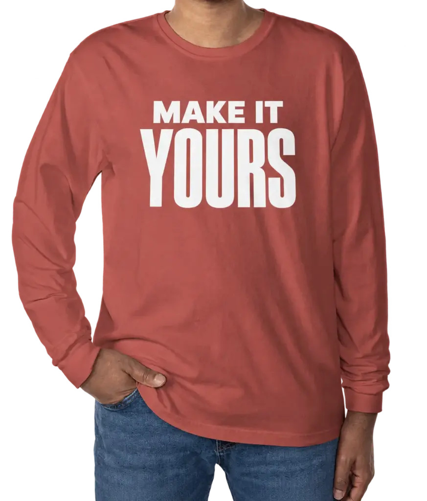 Custom Comfort Colors 100% Cotton Long Sleeve Shirt - Crimson custom print example; your uploaded design replaces the example artwork