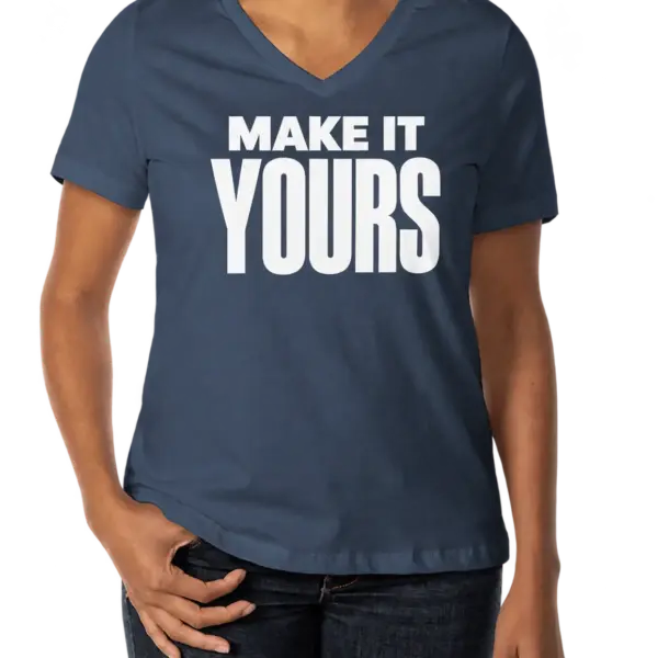 Custom Bella + Canvas Women’s Jersey V-Neck T-shirt - Navy custom print example; your uploaded design replaces the example artwork
