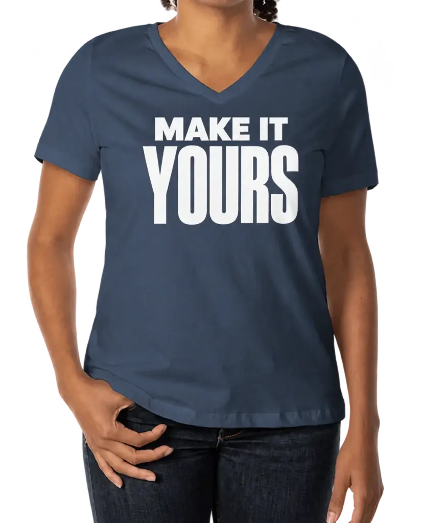 Custom Bella + Canvas Women’s Jersey V-Neck T-shirt - Navy custom print example; your uploaded design replaces the example artwork