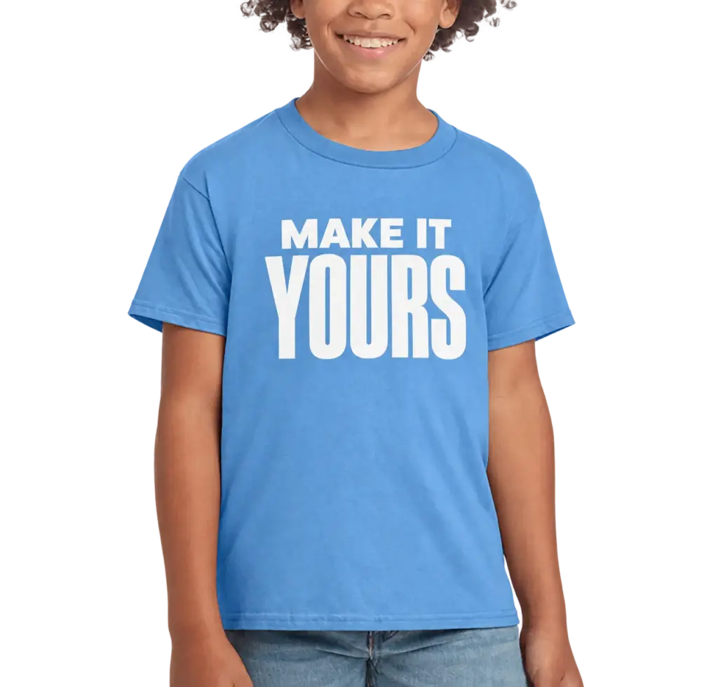 Custom Gildan Youth Softstyle Jersey T-shirt - Carolina Blue custom print example; your uploaded design replaces the example artwork