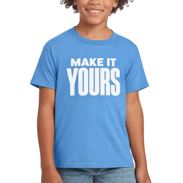 Custom Gildan Youth Softstyle Jersey T-shirt - Carolina Blue custom print example; your uploaded design replaces the example artwork