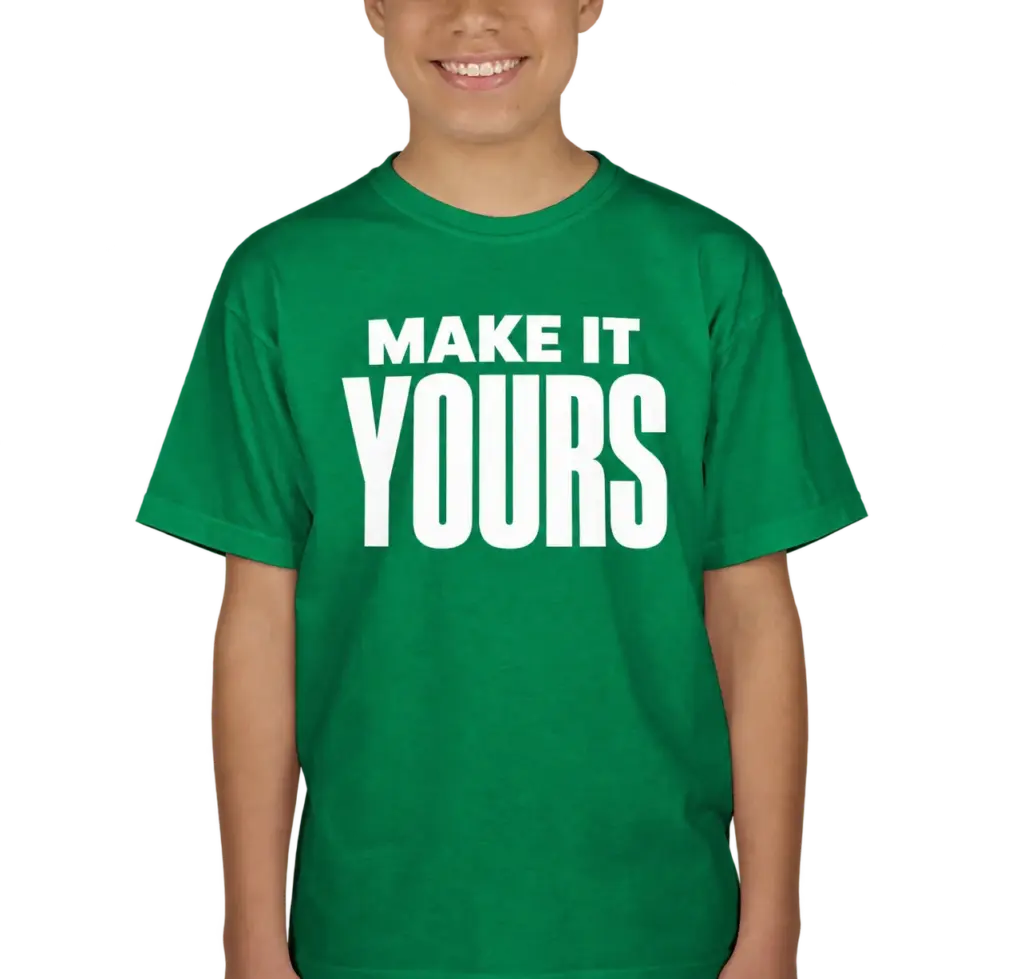 Custom Gildan Youth Ultra Cotton T-shirt - Irish Green custom print example; your uploaded design replaces the example artwork
