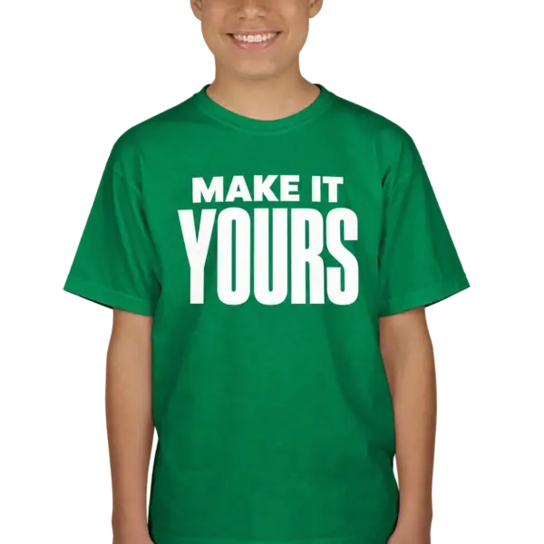 Custom Gildan Youth Ultra Cotton T-shirt - Irish Green custom print example; your uploaded design replaces the example artwork