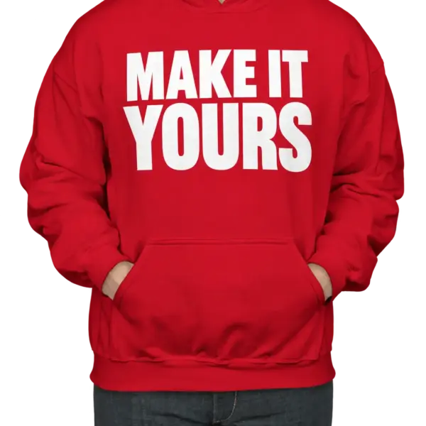 Custom Gildan Midweight 50/50 Pullover Hoodie - Red custom print example; your uploaded design replaces the example artwork