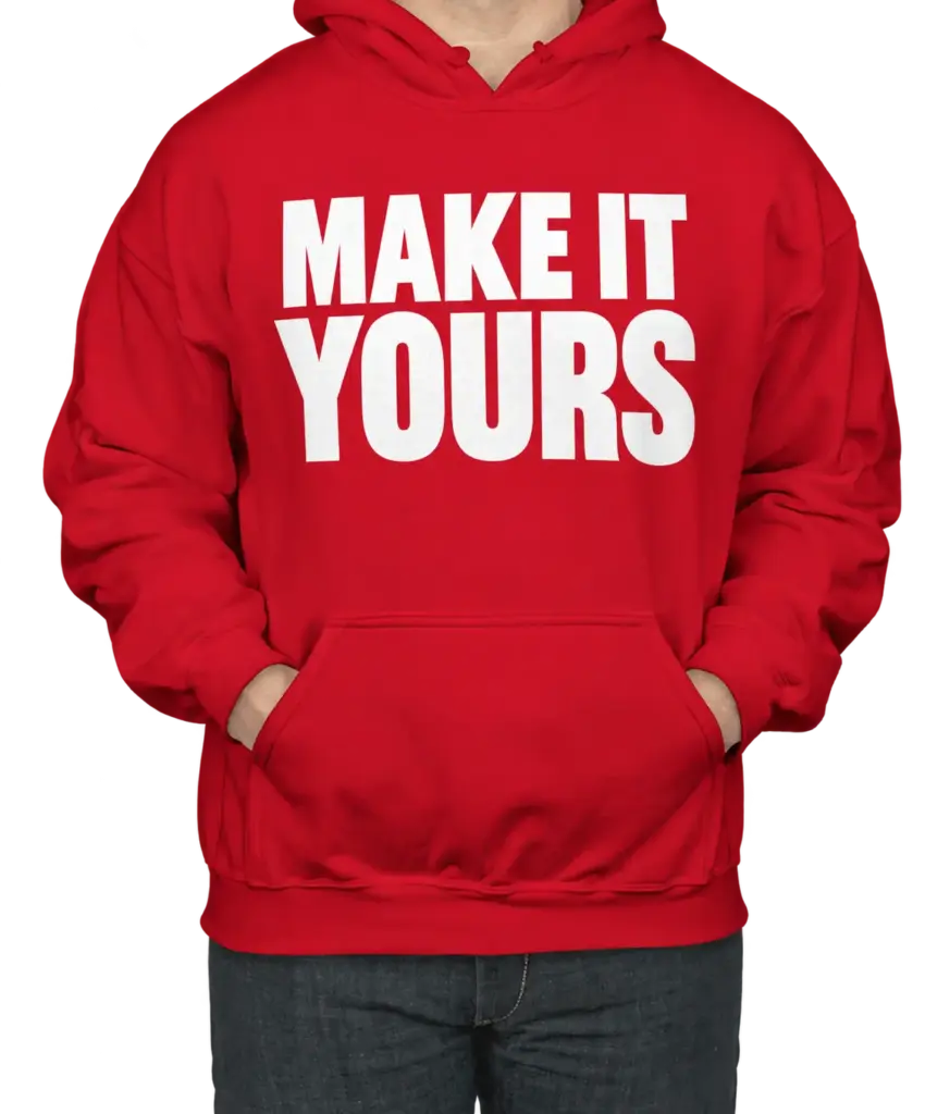 Custom Gildan Midweight 50/50 Pullover Hoodie - Red custom print example; your uploaded design replaces the example artwork
