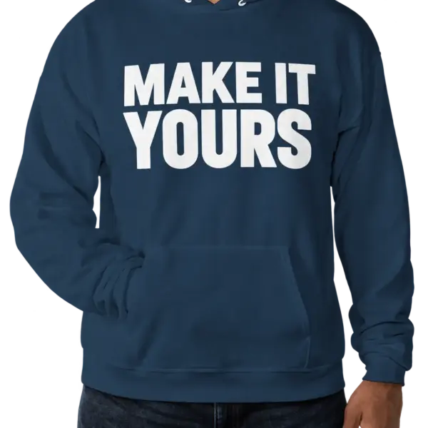 Custom Hanes EcoSmart 50/50 Pullover Hoodie - Navy custom print example; your uploaded design replaces the example artwork