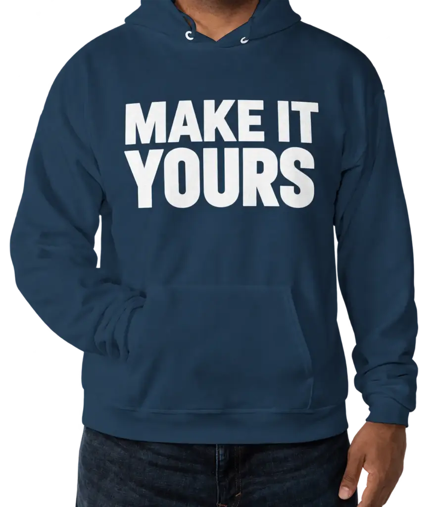 Custom Hanes EcoSmart 50/50 Pullover Hoodie - Navy custom print example; your uploaded design replaces the example artwork