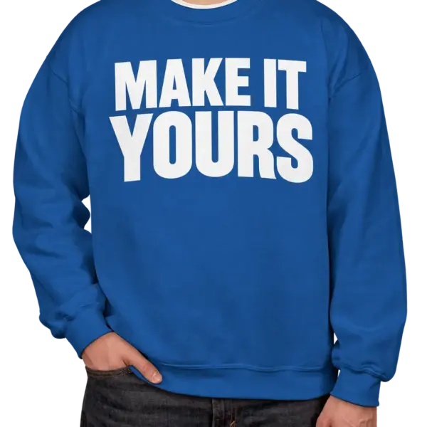 Custom Gildan Midweight 50/50 Crewneck Sweatshirt - Royal custom print example; your uploaded design replaces the example artwork