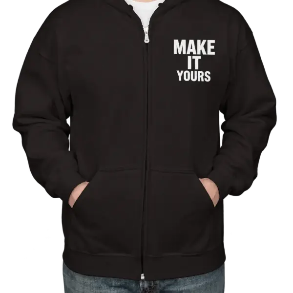 Custom Gildan Midweight 50/50 Zip Hoodie - Black custom print example; your uploaded design replaces the example artwork