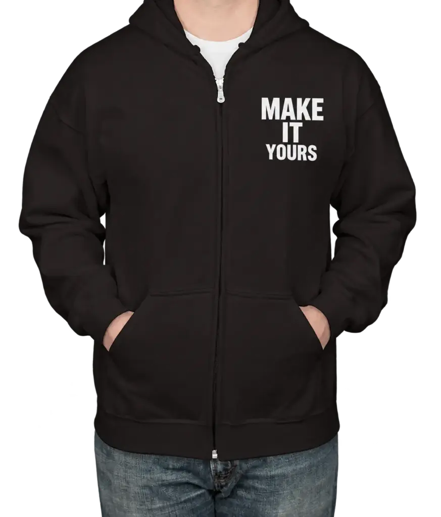 Custom Gildan Midweight 50/50 Zip Hoodie - Black custom print example; your uploaded design replaces the example artwork
