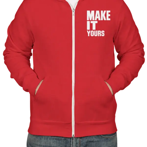 Custom Bella + Canvas Ultra Soft Zip Hoodie - Red custom print example; your uploaded design replaces the example artwork
