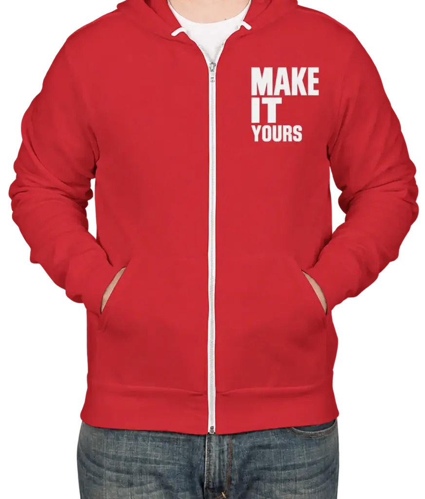 Custom Bella + Canvas Ultra Soft Zip Hoodie - Red custom print example; your uploaded design replaces the example artwork