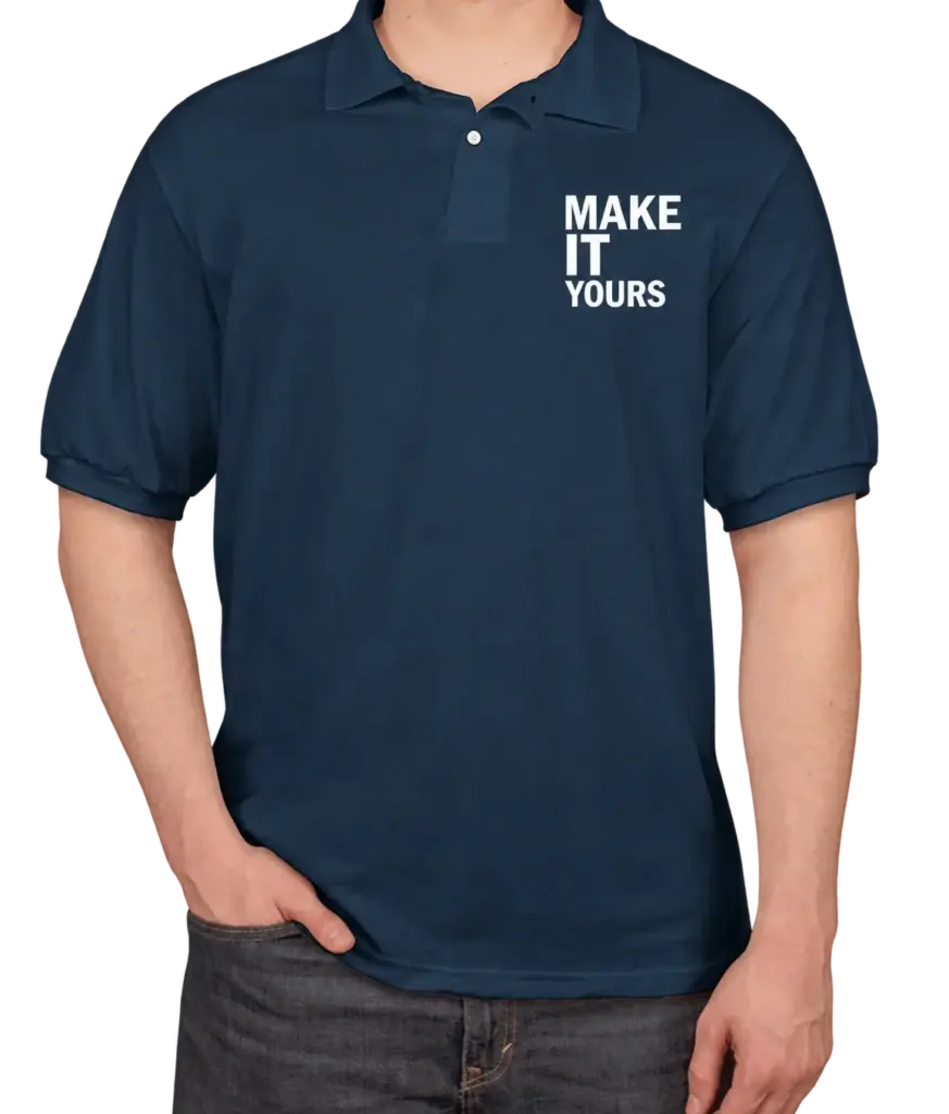 Custom Hanes EcoSmart 50/50 Jersey Polo - Printed - Navy custom print example; your uploaded design replaces the example artwork