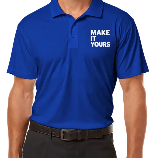 Custom AllPro Interlock UPF 50 Performance Polo - Printed - Royal custom print example; your uploaded design replaces the example artwork