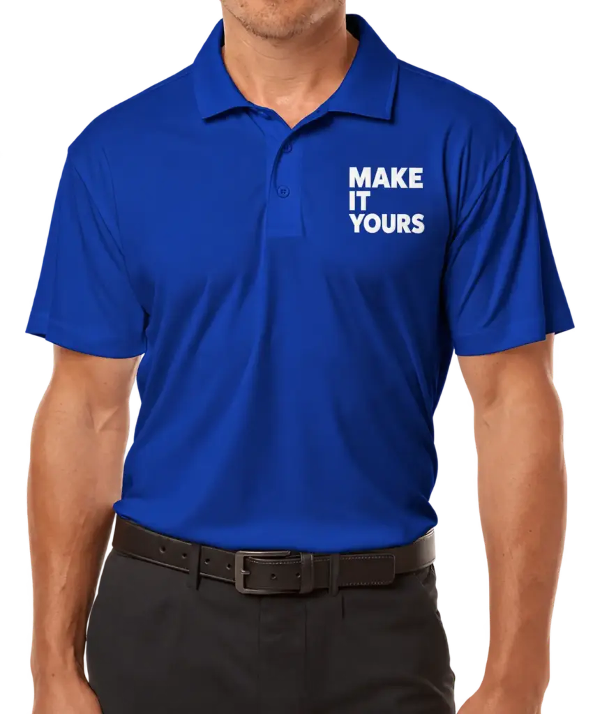 Custom AllPro Interlock UPF 50 Performance Polo - Printed - Royal custom print example; your uploaded design replaces the example artwork