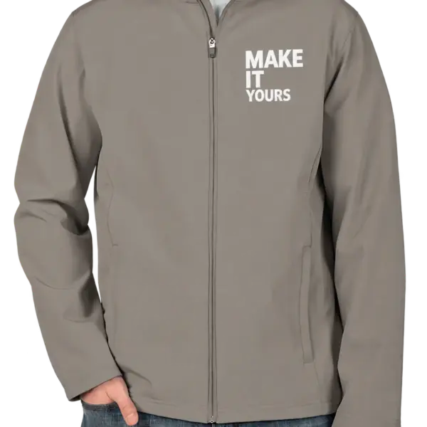Custom Team 365 Soft Shell Jacket - Embroidered - Sport Graphite custom print example; your uploaded design replaces the example artwork