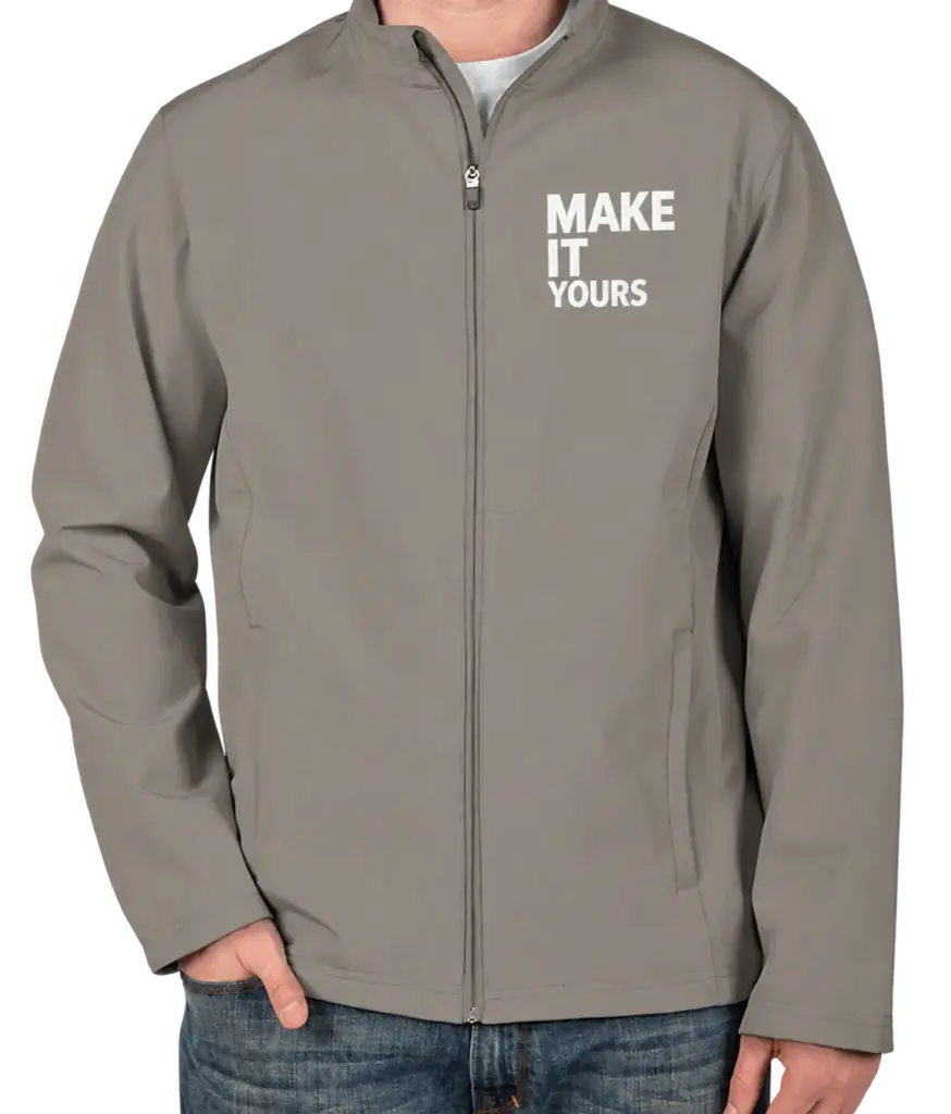 Custom Team 365 Soft Shell Jacket - Embroidered - Sport Graphite custom print example; your uploaded design replaces the example artwork