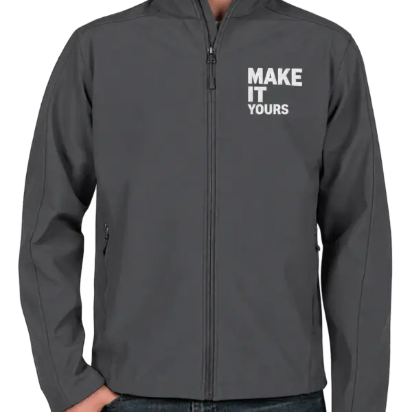 Custom Port Authority Core Fleece Lined Soft Shell Jacket - Embroidered - Battleship Grey custom print example; your uploaded design replaces the example artwork