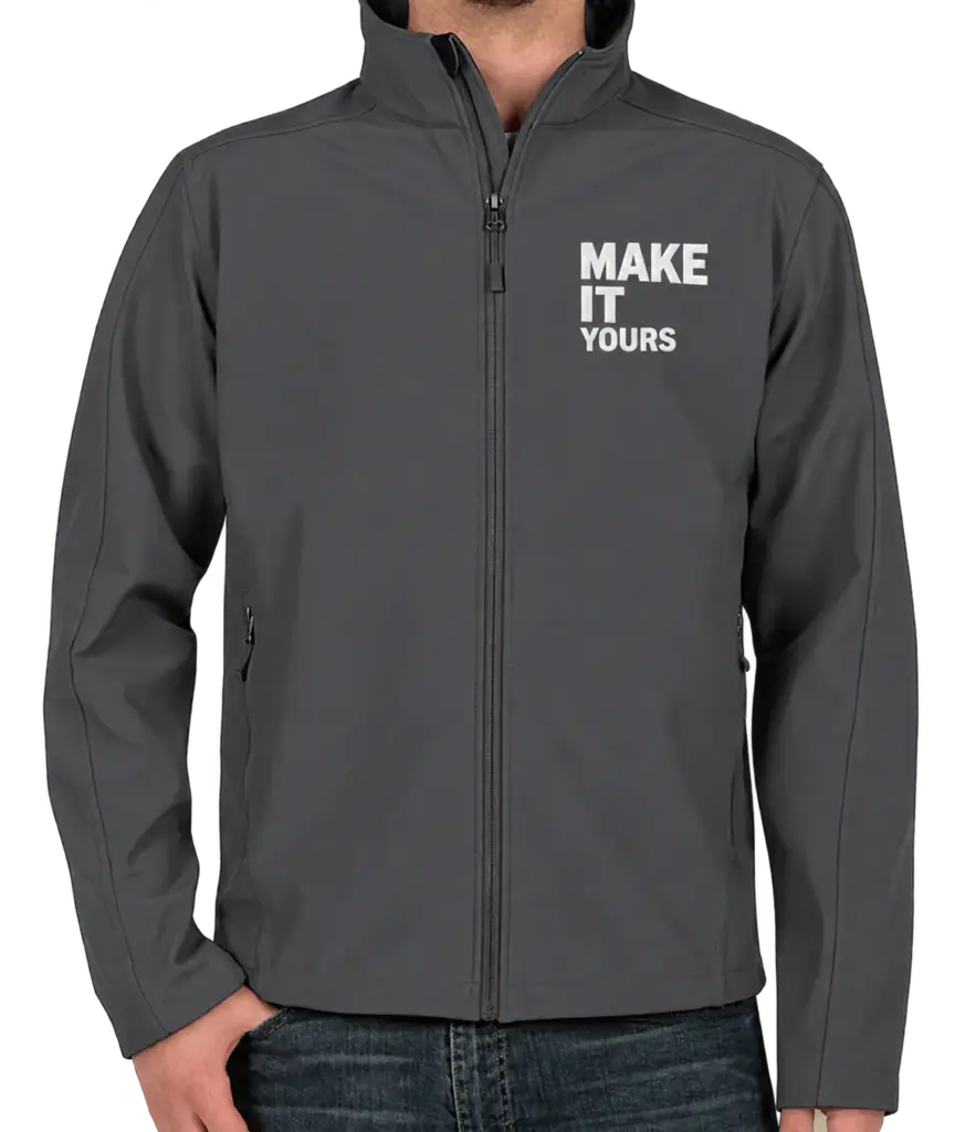 Custom Port Authority Core Fleece Lined Soft Shell Jacket - Embroidered - Battleship Grey custom print example; your uploaded design replaces the example artwork