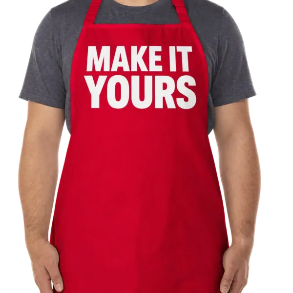 Custom Artisan Collection Recycled Full Length Apron - Red custom print example; your uploaded design replaces the example artwork