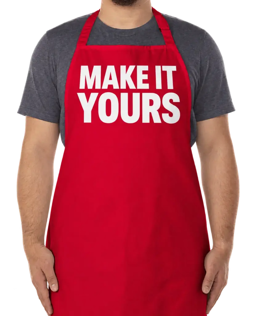 Custom Artisan Collection Recycled Full Length Apron - Red custom print example; your uploaded design replaces the example artwork